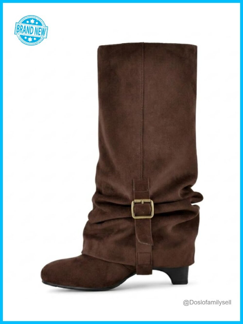 Faux Suede Slouchy Knee High Boots Fold Down Buckle Low Heel